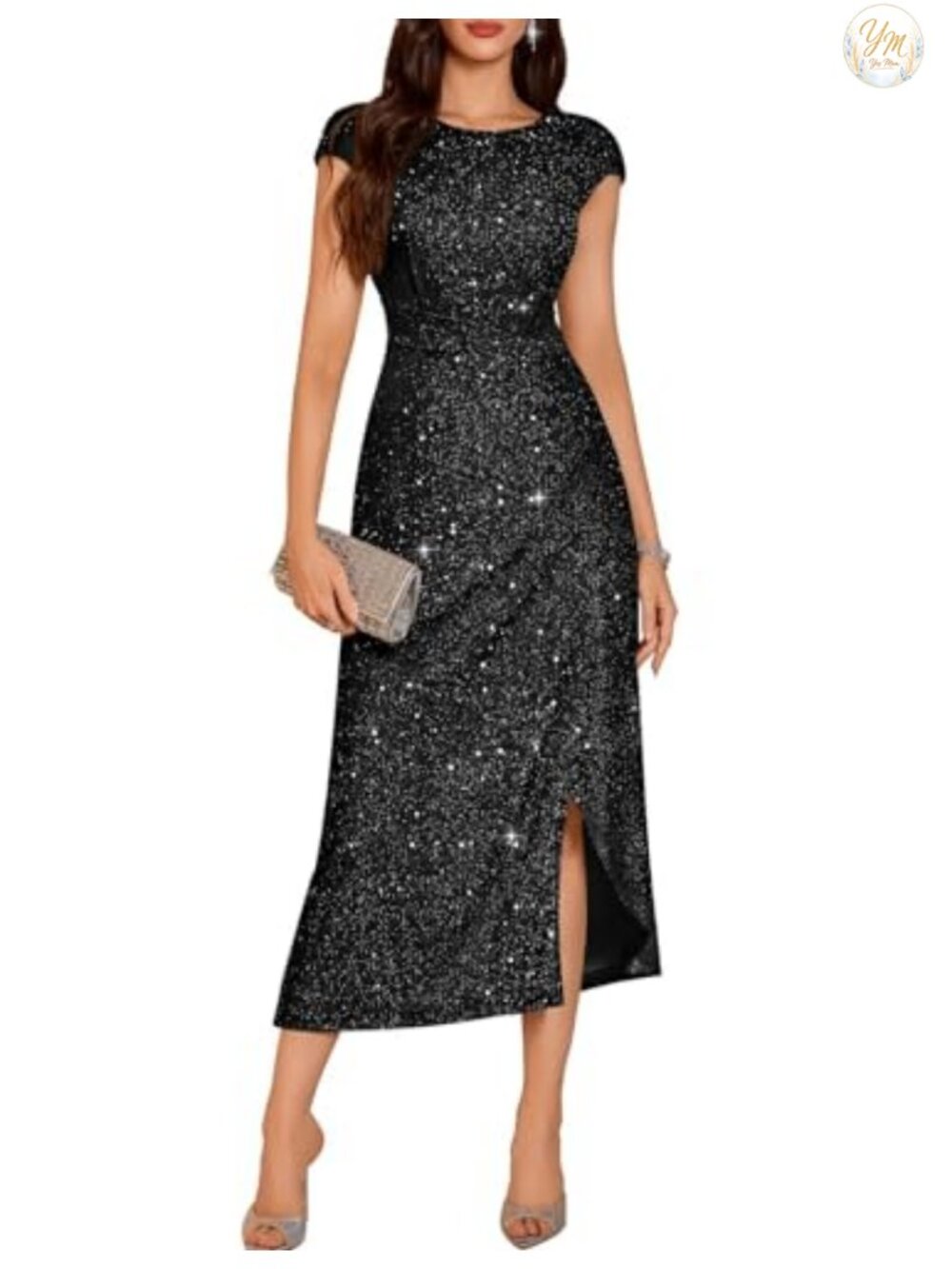 Sparkly Sequin Formal Wedding Guest Maxi Dress with Slit